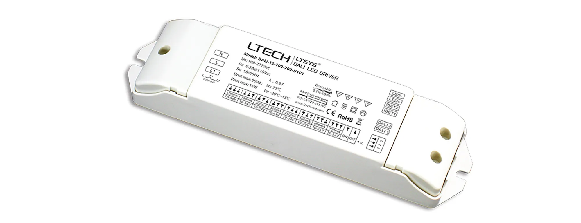 DALI, Push Dim 1-25W Current Dimmable Driver.150-900mA adjustable, Class II, 0-100% Dim, PWM digital dimming, IP20.
